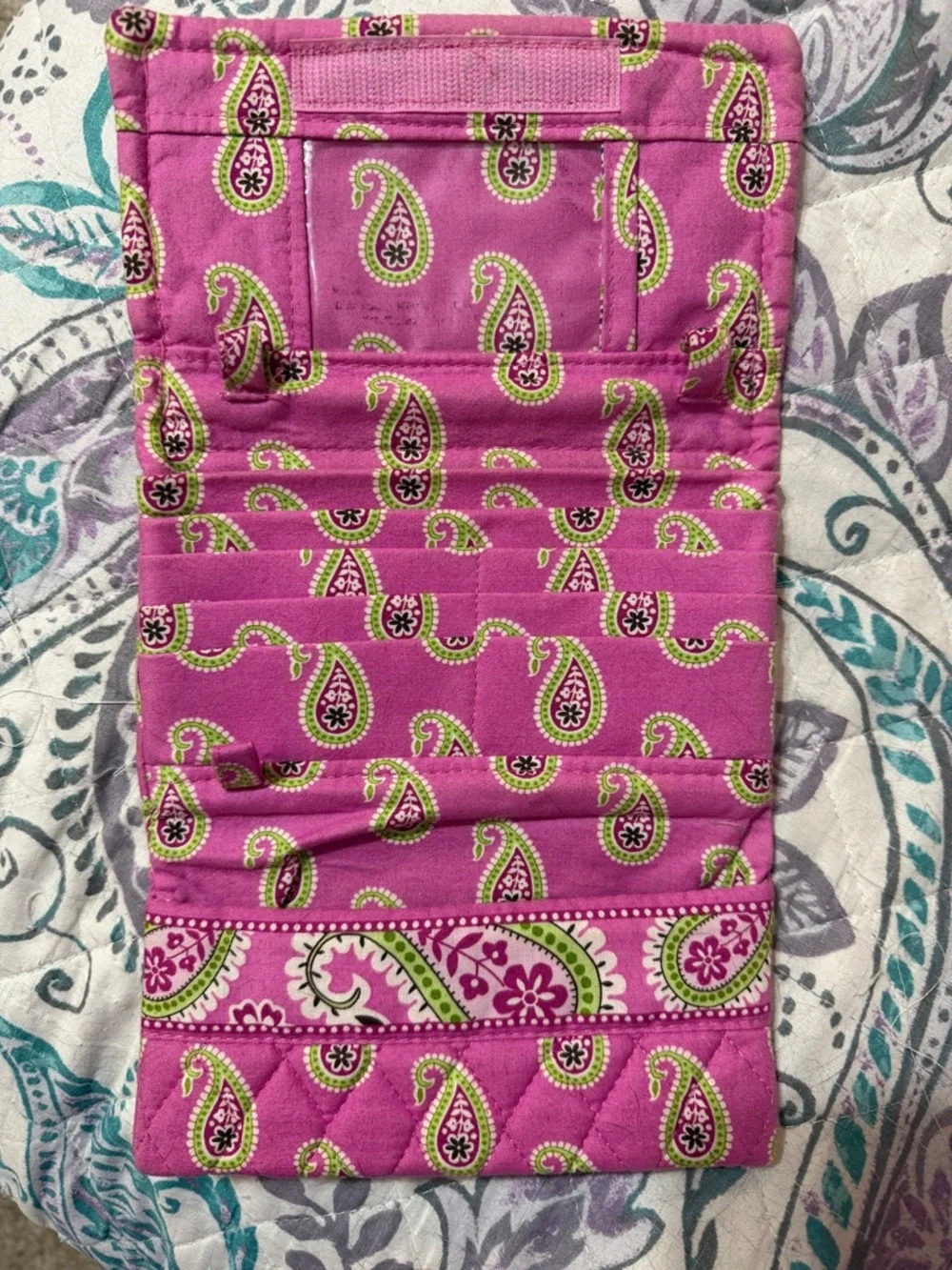 Rare Vera Bradley Bermuda Pink Quilted Tri-Fold Wallet with Paisley Lime Accents - Picture 3 of 15